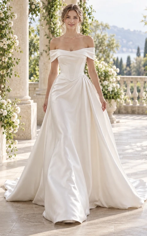 Vestido de novia sencillo de satén drapeado con corte en A, hombros descubiertos y cintura diagonal.