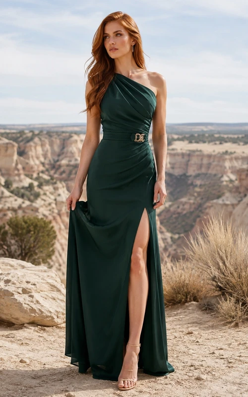Dark Green One-Shoulder Sleeveless Ruched Slit Floor-Length Satin Mermaid Formal Dress