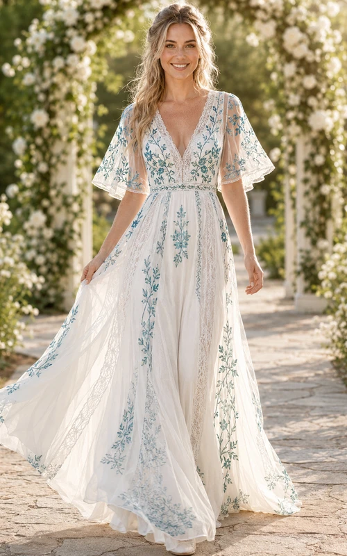 Türkisfarbenes Chiffon-Hochzeitskleid im Boho-Stil mit floralem Muster, V-Ausschnitt, flatternden Ärmeln und Gartenmotiv
