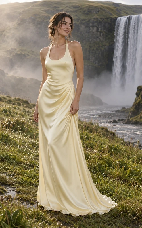 Vestido de novia sencillo de charmeuse con escote halter, escote redondo, drapeado lateral y espalda estilo nadadora.