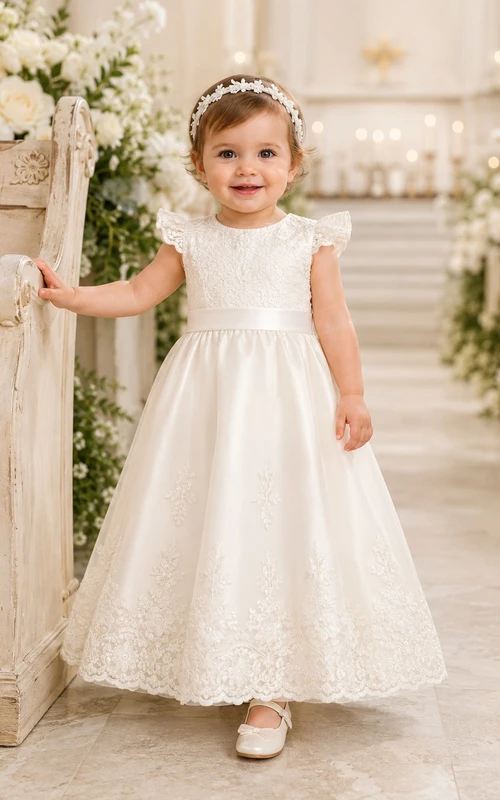 Baby Baptism Christening Ceremony Gown A-Line Tea-Length Jewel Neck Cap Sleeve Satin Tulle Bow Back Button Back