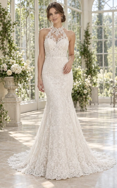 Robe de mariée sirène dos nu à col montant en dentelle florale fine avec traîne