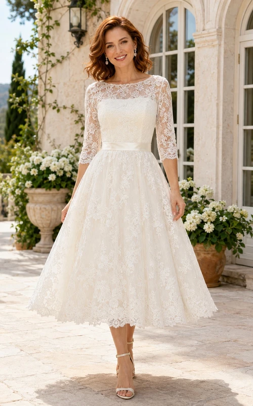 Brautkleid mit Dreiviertelärmeln, Spitze, A-Linie, Teelänge und Muschelsaum