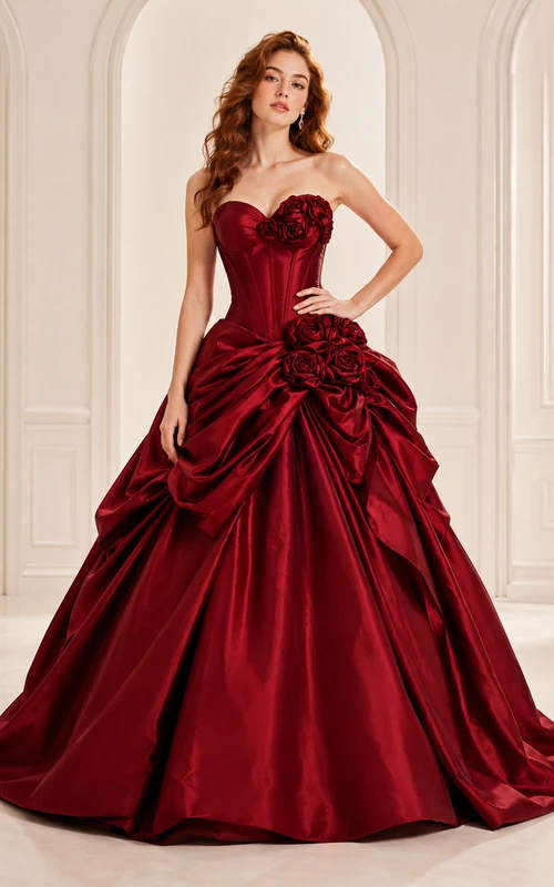 Vestido de quinceañera de lujo color borgoña sin tirantes, escote corazón, roseta drapeada, satén, cola de capilla, estilo princesa.