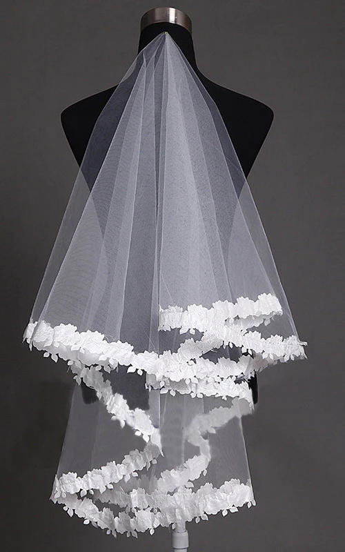 Voile en tulle souple avec application de dentelle, longueur coude