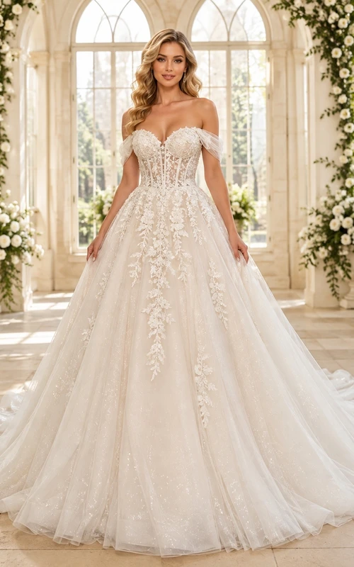 Vestido de novia blanco romántico de gala con hombros descubiertos y apliques de encaje