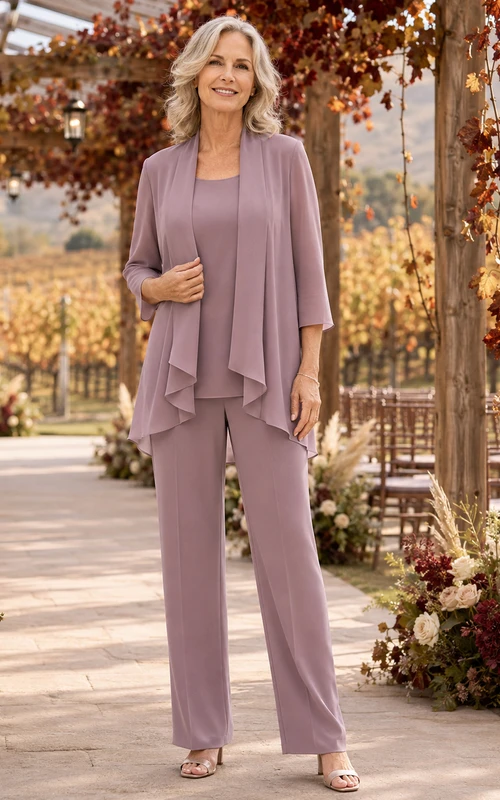 Vintage-Hosenanzug aus mauvefarbenem, romantischem Chiffon im Wasserfall-Stil mit weitem Bein, Dreiviertelärmeln und längerem, mehrlagigem Blazer – perfekt für die Mutter der Braut.