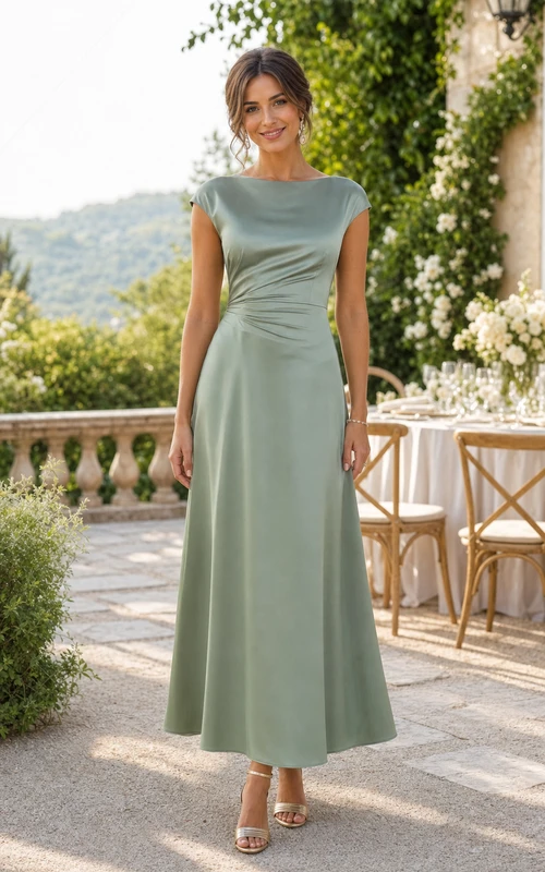 Sage Satin Bateau Cap Sleeve Ankle-Length Sheath Dress