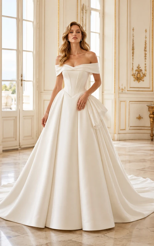 Robe de mariée structurée en satin plissé à épaules dénudées et traîne chapelle