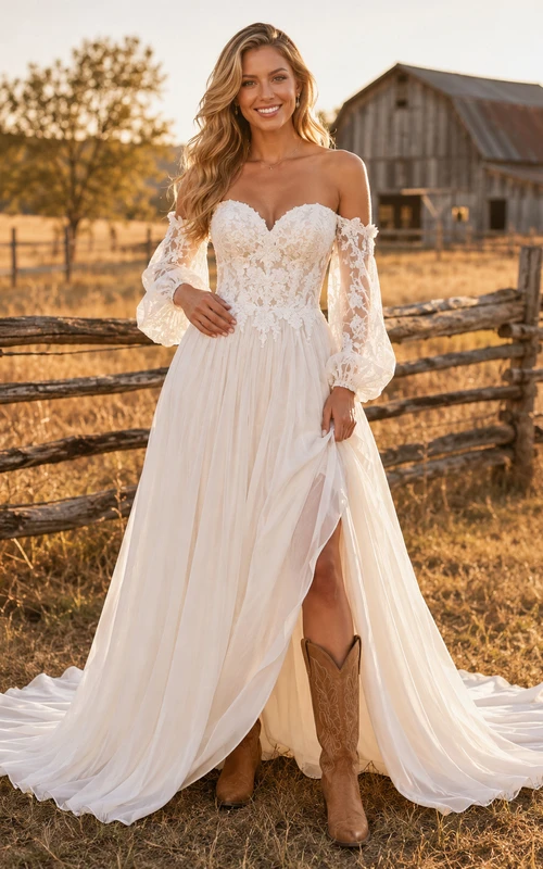 Maternity Wedding Dress Off Shoulder A-Line Tulle Gown with Lace Bodice and Sweep Train