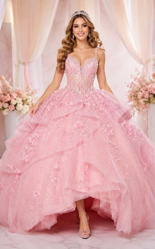 Pink Strapless Sweetheart Tulle Ball Gown Floral Quinceanera Ceremony Dress