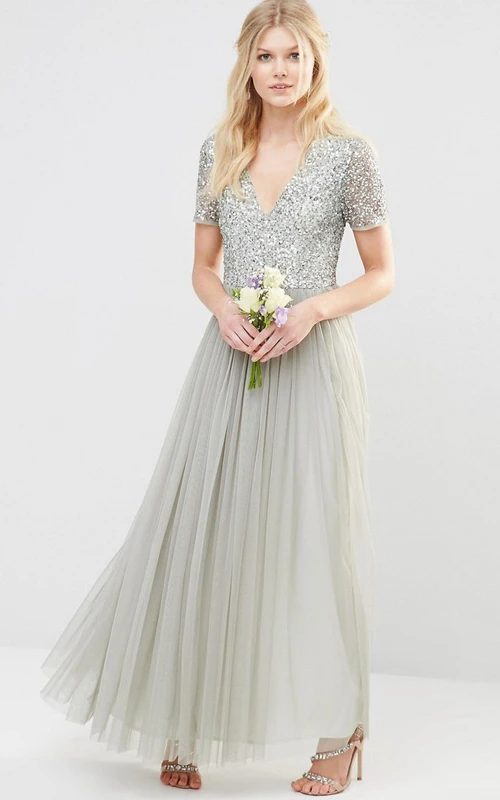 Ankle-Length V-Neck Short Sleeve Pleated Tulle Bridesmaid Dress