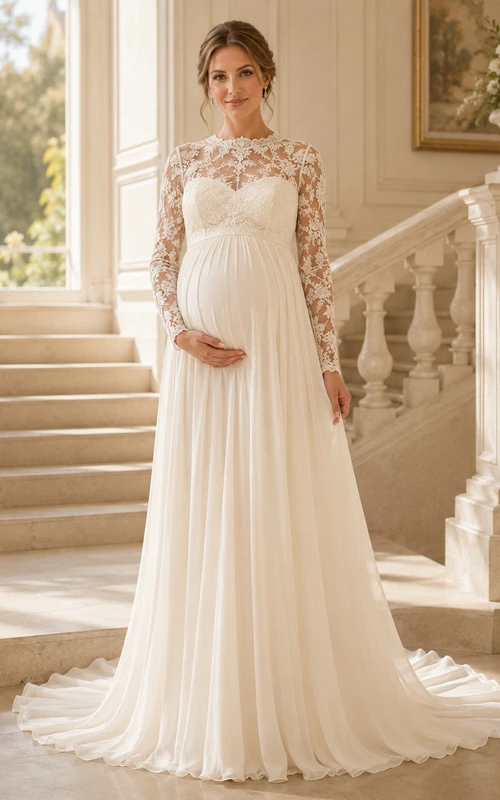 Modest Maternity Lace Wedding A Line High Neck Long Sleeves Court Train