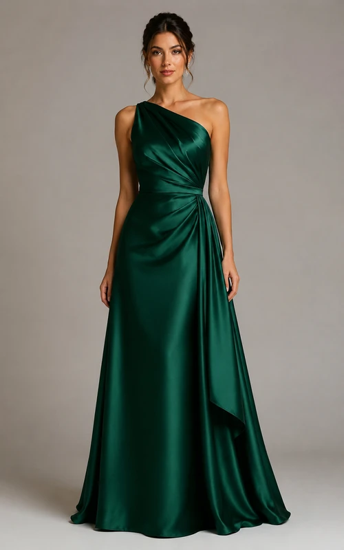 A-Line One-Shoulder Satin Prom Dress with Ruching