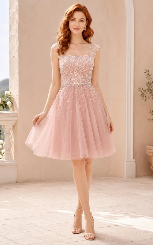 Vestido de cóctel de corte A con tul y perlas color rosa pálido