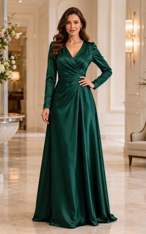 Dunkelgrünes, formelles Abendkleid aus Satin mit V-Ausschnitt, langen Ärmeln und Falten