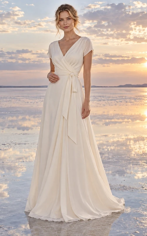 Vestido de novia sencillo de gasa con escote en V, mangas cortas y corpiño cruzado estilo A