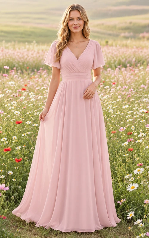 Pearl Pink Chiffon A-Line V-Neck Flutter Sleeve Pleated Low Back Floor-Length Bridesmaid Dress