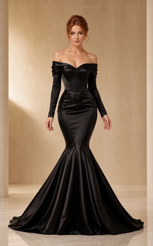 Robe de soirée sirène en satin noir sexy à épaules dénudées et manches longues, avec traîne courte.
