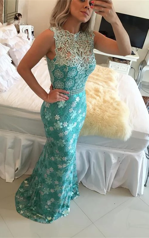Elegante ärmellose Meerjungfrauen-Abendkleider mit Spitze und Perlen