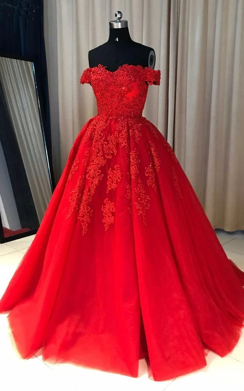Robe de bal en dentelle et tulle, épaules dénudées, manches courtes, fermeture éclair