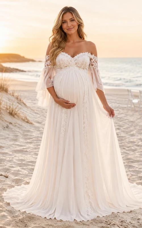Maternity Wedding Dress Off Shoulder Flutter Lace Sleeve Beach Bridal Gown