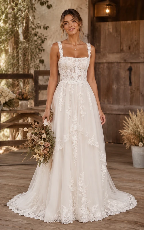 Vestido de novia bohemio campestre de corte A, sin mangas, escote cuadrado, apliques de tul y encaje, largo hasta el suelo, cola de capilla, color marfil.