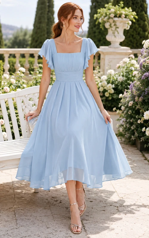 Sky Blue Square Neck Flutter Sleeve Chiffon Tea Guest Dress