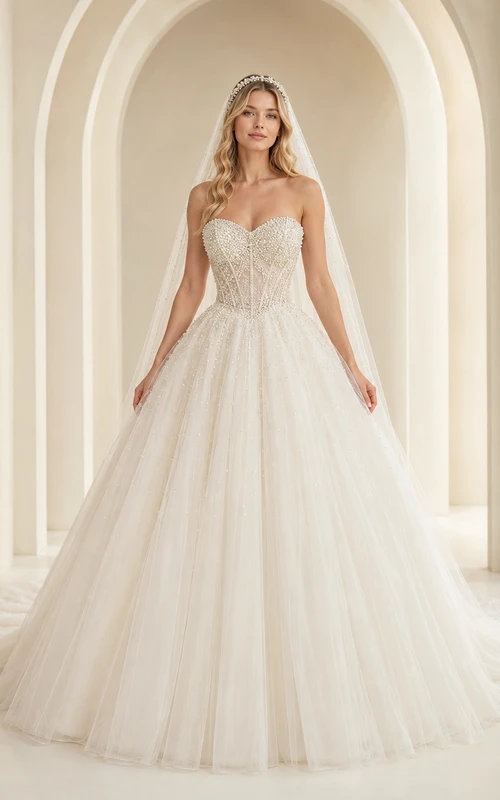 Vestido de novia de gala con cola larga y falda de tul para ceremonia nupcial