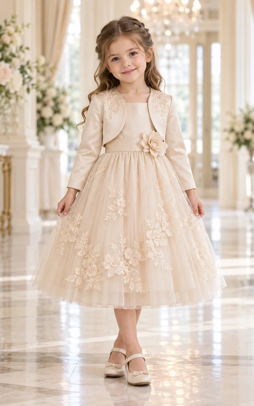 Tea-length Champagne Floral A-line Tulle Satin-bolero Three-quarter-sleeve Flower-waist Flower Girl Dress