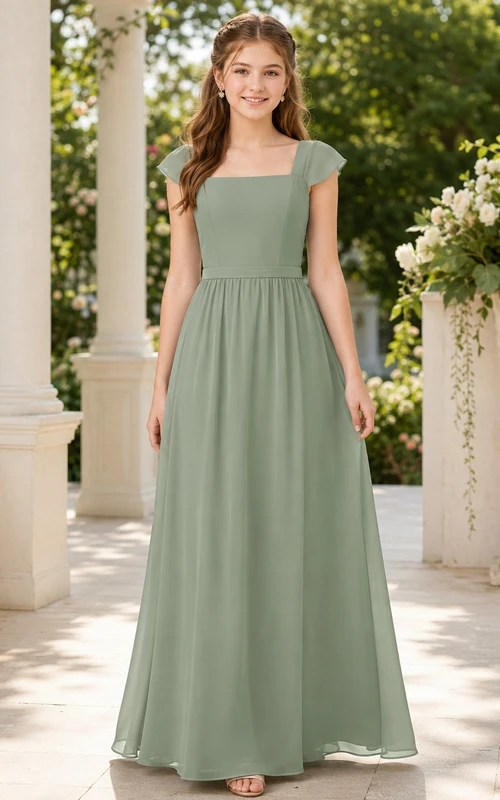 Celadonfarbenes Brautjungfernkleid für junge Mädchen, A-Linie, eckig, kurze Blütenblattärmel, Chiffon, schlicht