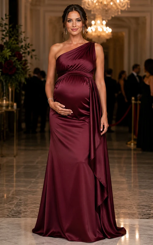 Vestido de maternidad de satén ajustado con un solo hombro, sin mangas y abertura frontal drapeada, largo hasta el suelo.