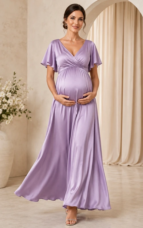 Maternity Lilac V-Neck Flutter Sleeve Satin Empire Ankle-Length A-Line Formal Dress