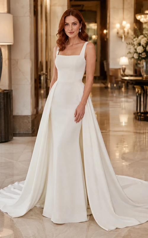 Minimalistisches Brautkleid aus Satin, Etuikleid, eckiger Ausschnitt, ärmellos, Schleppe mit Schlitz