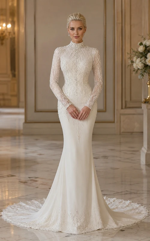 Vestido de novia modesto de encaje con encaje, escote alto y mangas largas estilo sirena