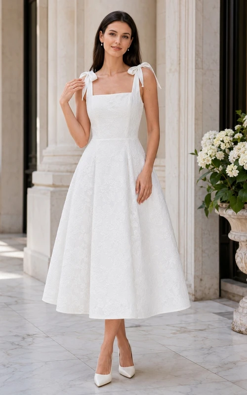 Vestido de jardín blanco de encaje con escote cuadrado, sin mangas, corte en A y largo hasta la rodilla.