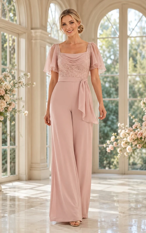 Dusty Rose Cowl Neck Beaded Lace Flutter Sleeve Wide Leg Floor Length Mother Jumpsuit