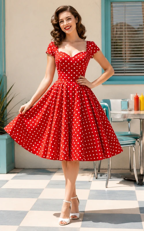 Red Polka Dot Sweetheart Cap Sleeve Retro Swing Dress