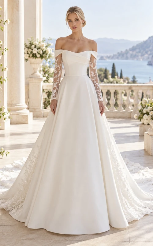 Vestido de novia romántico de corte A, largo hasta el suelo, con corpiño estructurado, mangas largas, hombros descubiertos, encaje floral y satén.