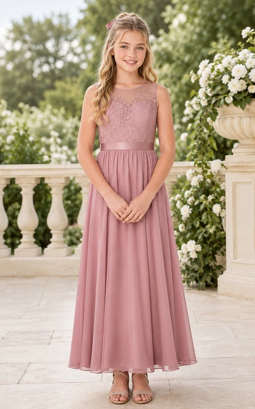 Brautjungfernkleid in Altrosa, A-Linie, ärmellos, aus Spitze und Tüll, bezaubernd und romantisch