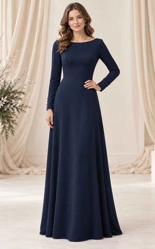 Vestido de dama de honor de crepé azul medianoche de manga larga y escote barco.