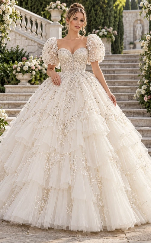 Vestido de novia de gala con escote corazón, mangas abullonadas, bordados, volantes de tul y cola de corte.