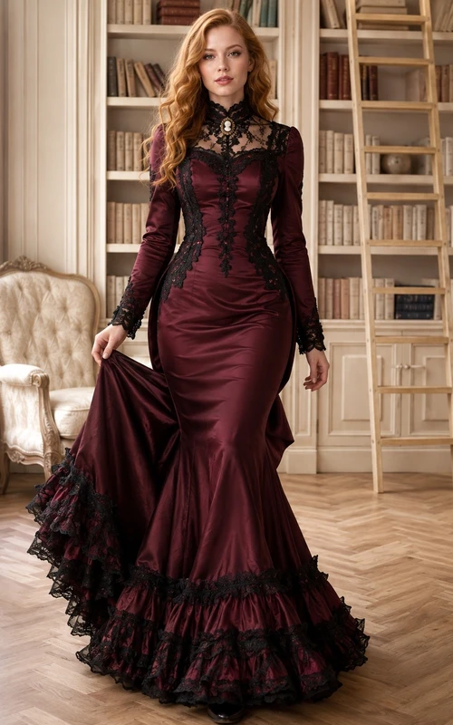 Burgunderfarbenes Meerjungfrauenkleid im viktorianischen Stil mit hohem Kragen, langen Ärmeln und Spitze