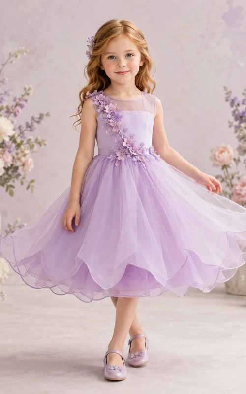 Lavender Petal Hem Flower Girl Dress with Sleeveless Tulle A-Line, Floral Waist Applique, Natural Waist, and Tea-Length Skirt