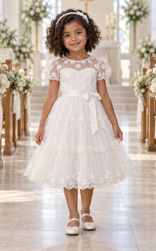 Vestido de niña de flores blanco de corte A con estampado floral, mangas abullonadas y volantes festoneados, largo hasta la rodilla.