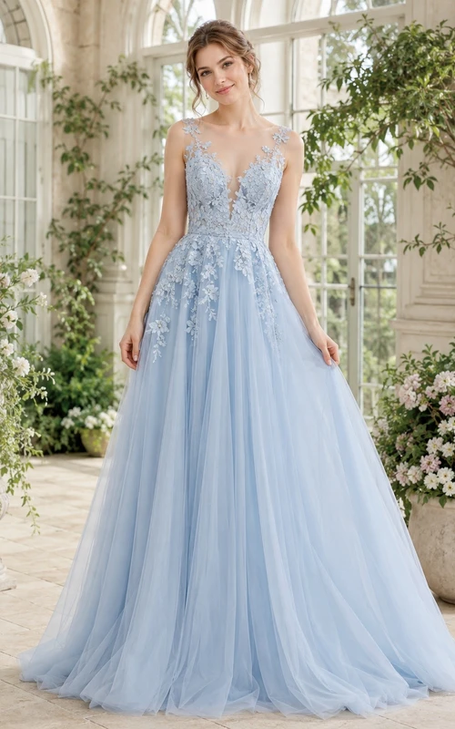 Sky Blue Chiffon V-Neck Cap Sleeve A-Line Prom Gown