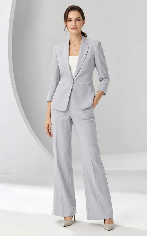Steel Grey Notched Long Sleeve Two Piece Formal Pant Suit