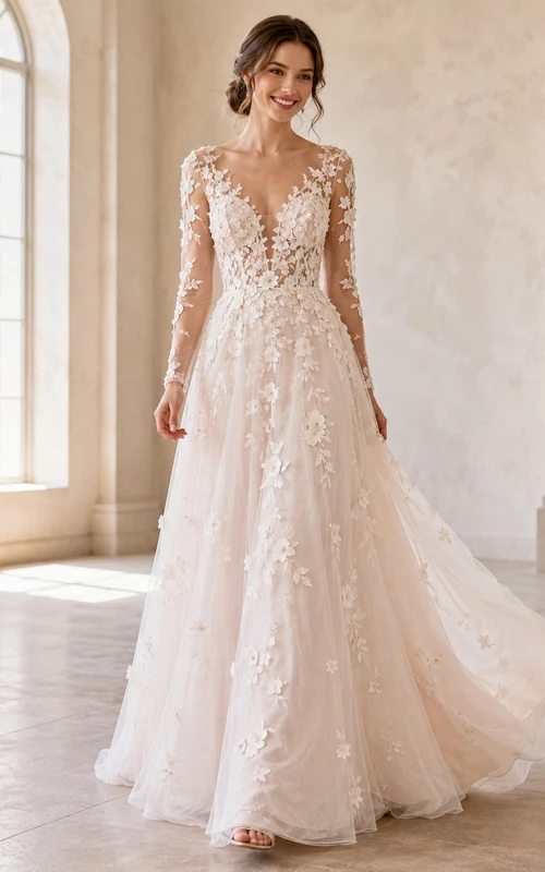Vestido de novia elegante de corte A con cuello alto y mangas largas y encaje