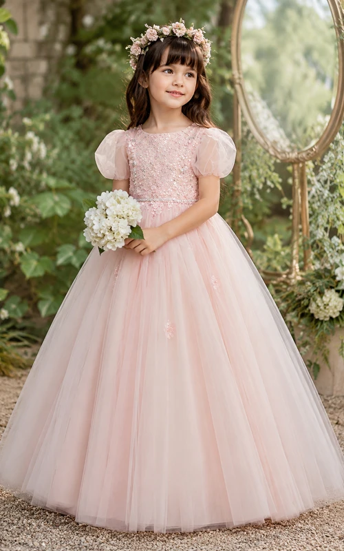 Flower Girl Dress Blush Tulle A-Line Jewel Neck Tea Length Bow Back