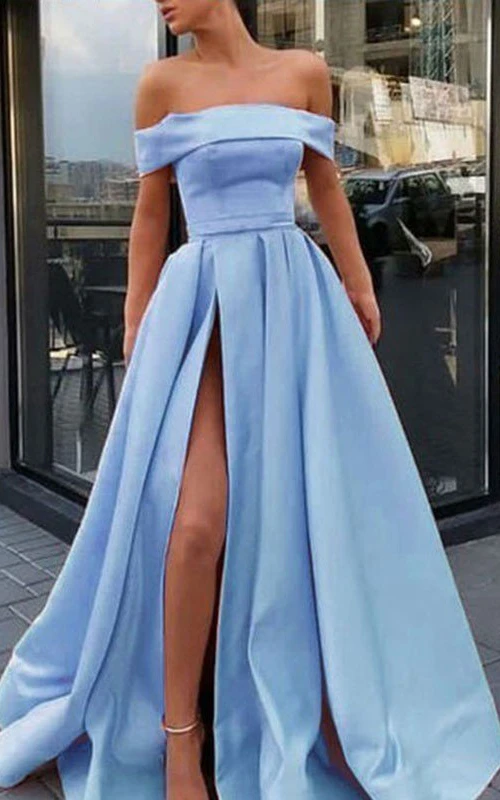 Satin-Abendkleid in A-Linie, bodenlang, mit Schleppe, ärmellos und modern, mit Rüschen